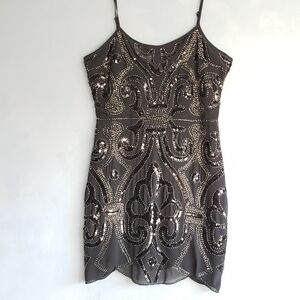 ENDLESS ROSE, SILVER, BLACK BEADED SEQUINS MINI DRESS, SIZE US L